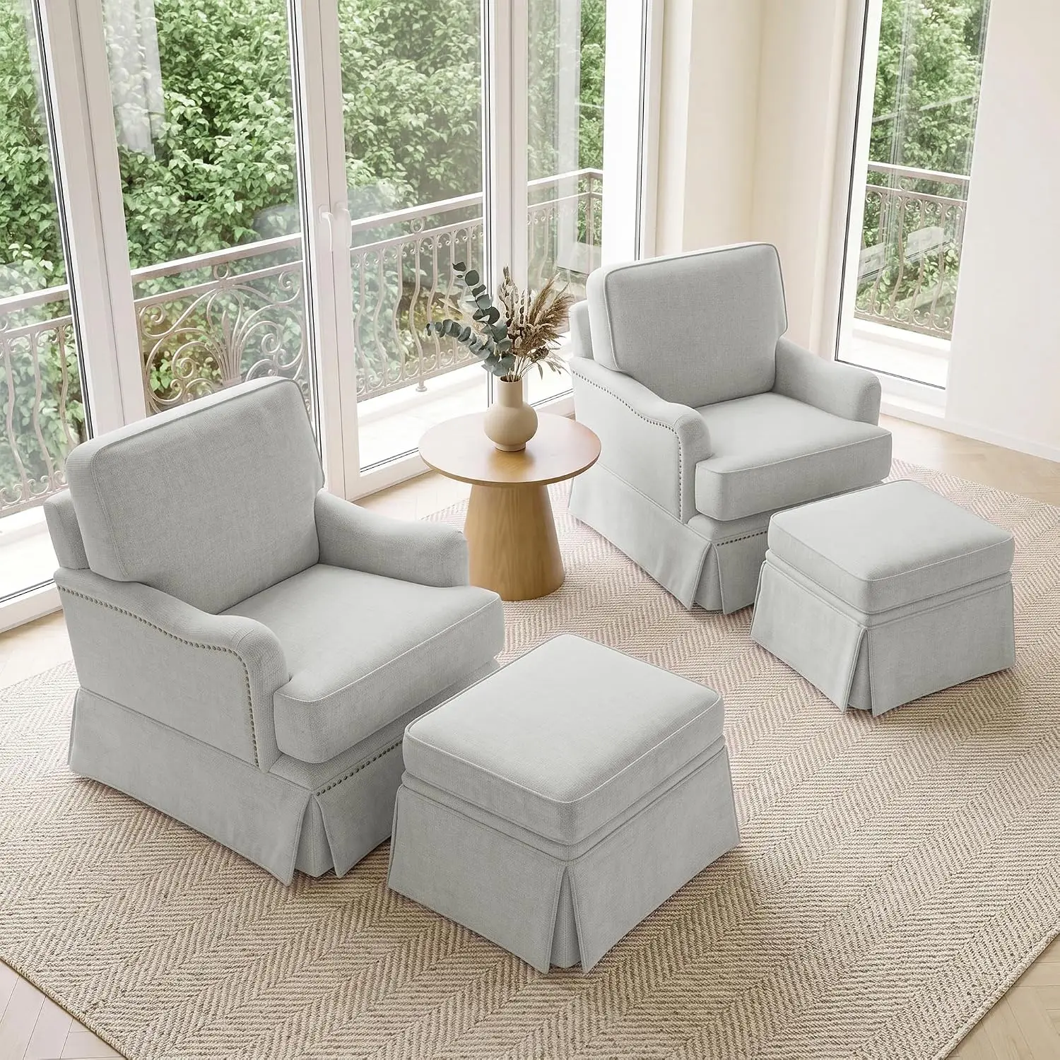 Swivel Accent Chair with Storage Ottoman, Ash Grey, Set of 2