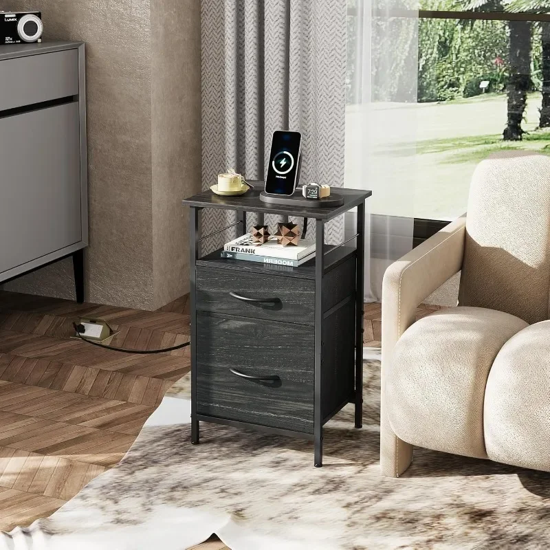 Side Table with Charging Station, Night Stand with Fabric Drawers, USB Ports and Outlets, End Tables Bedroom, Small Spaces