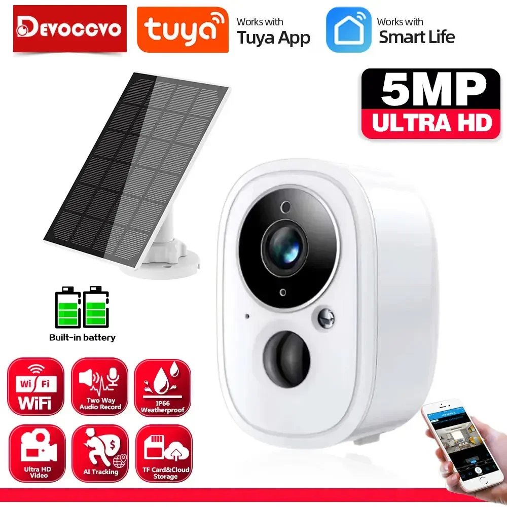 5MP Tuya Solar Wifi Battery IP Camera Outdoor 2 Way Audio Smart Life CCTV Wireless Rechargeable Security Surveillance Camera P2P