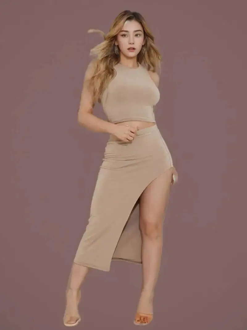 2024 verão feminino nova saia longa em torno do pescoço cor sólida temperamento sexy hip-cobrindo saia dividida terno colete de6s