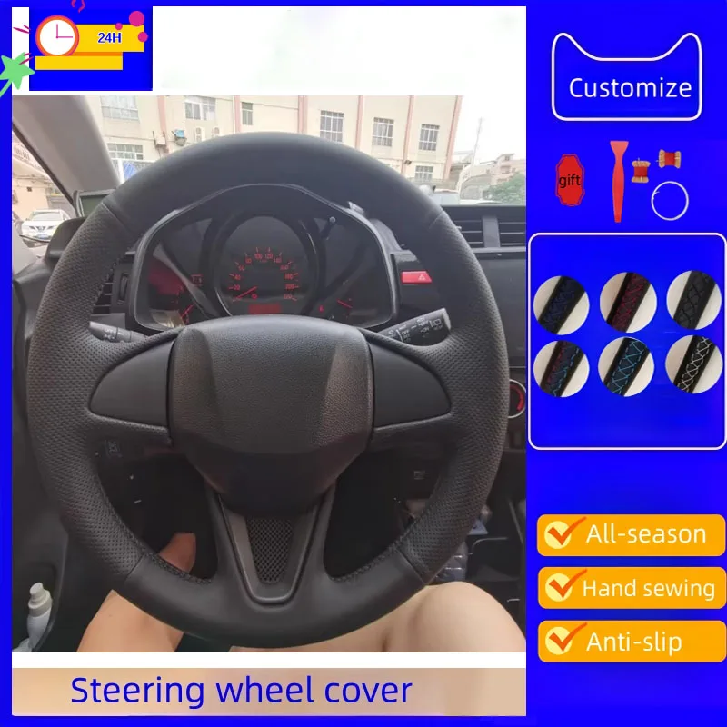 

Custom Car Steering Wheel Cover Breathable Microfiber Leather For Honda FIT Jazz 2014-2018 Hand-stitched Black Auto Interior