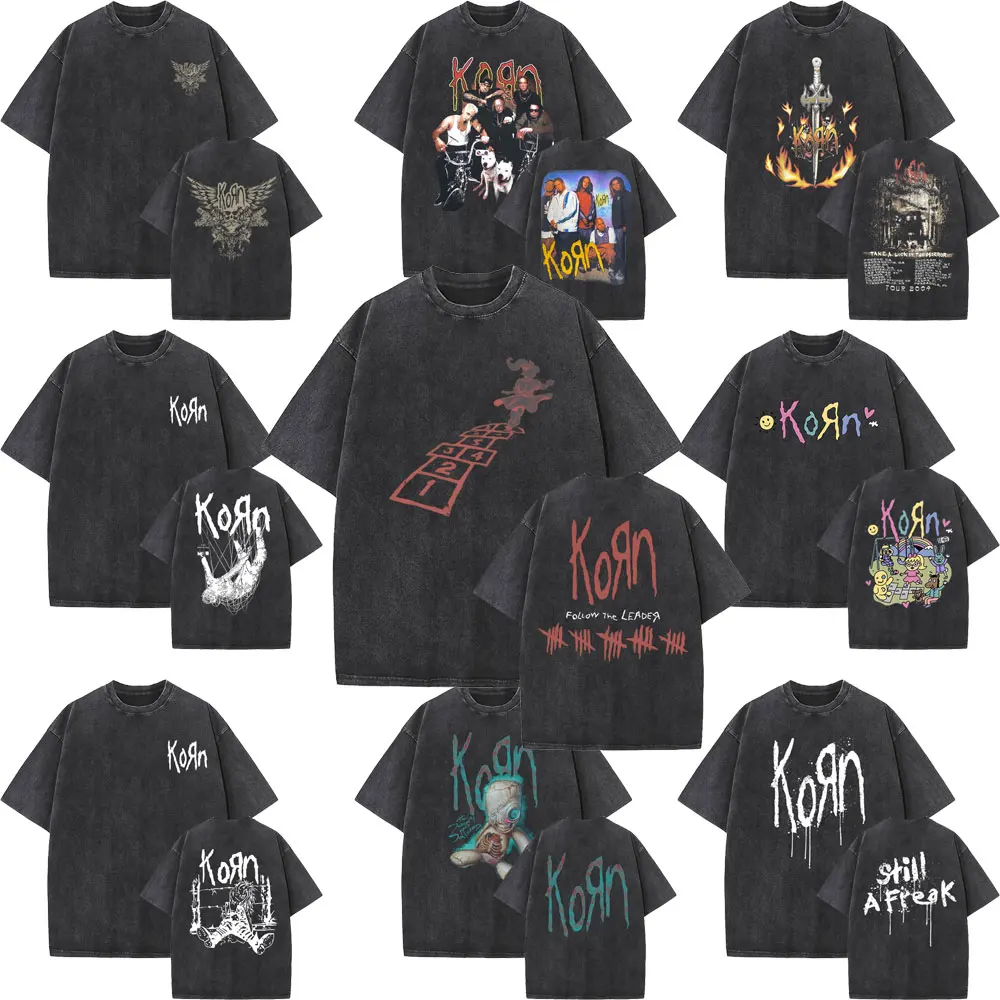 

Washed Vintage Rock Band Korn Follow The Leader T Shirts Men Fashion Loose Short Sleeve Tees Man Vintage Gothic Oversized Tshirt