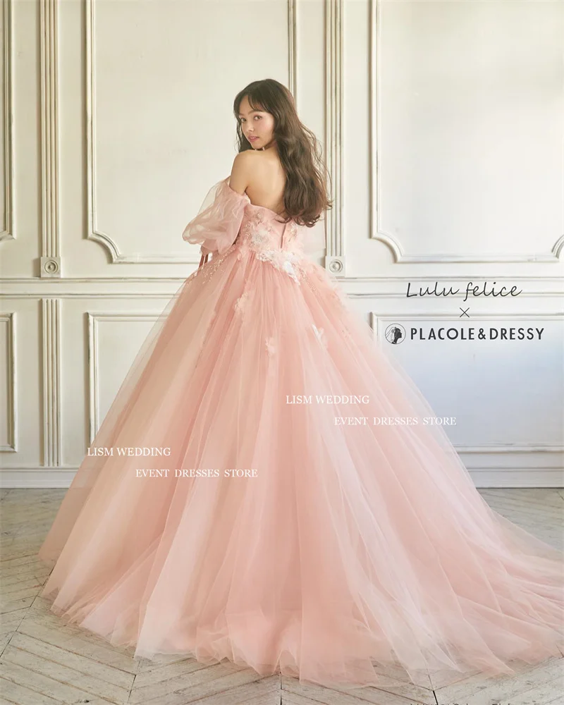 LISM Fairy Pink Tulle A-Line Korea Evening Dresses Photo Shoot 3D Flowers Off The Shoulder Half Sleeves Prom Gowns For Women