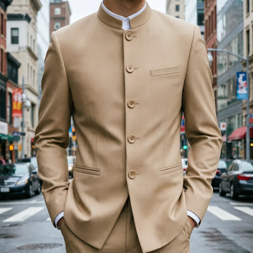 

Vintage Safari Men Suits Camel Mandarin Collar Multi Button Slim Fit Casual Blazer for Men Daily Wear Weekend Outing 2 Pcs