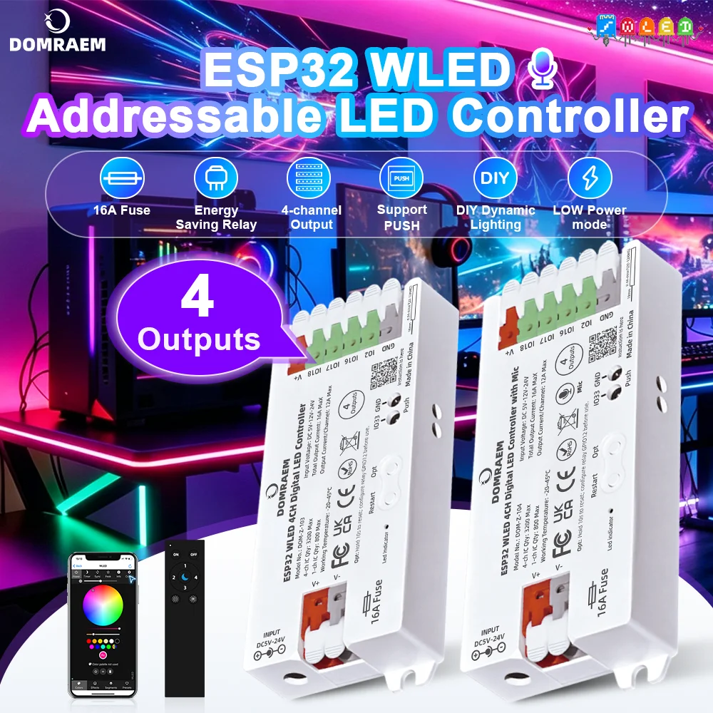 DOMRAEM ESP32 4 Output WLED Controller 16A Fuse & Level Shifter Sound Sync Compatible with WS281x Digital RGB IC LED Strip Light