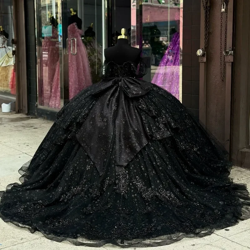 Exquisito vestido De quinceañera negro Vintage, cuentas brillantes, lazo, Tull, hombros descubiertos, Vestidos De baile 16, Vestidos De 15 años