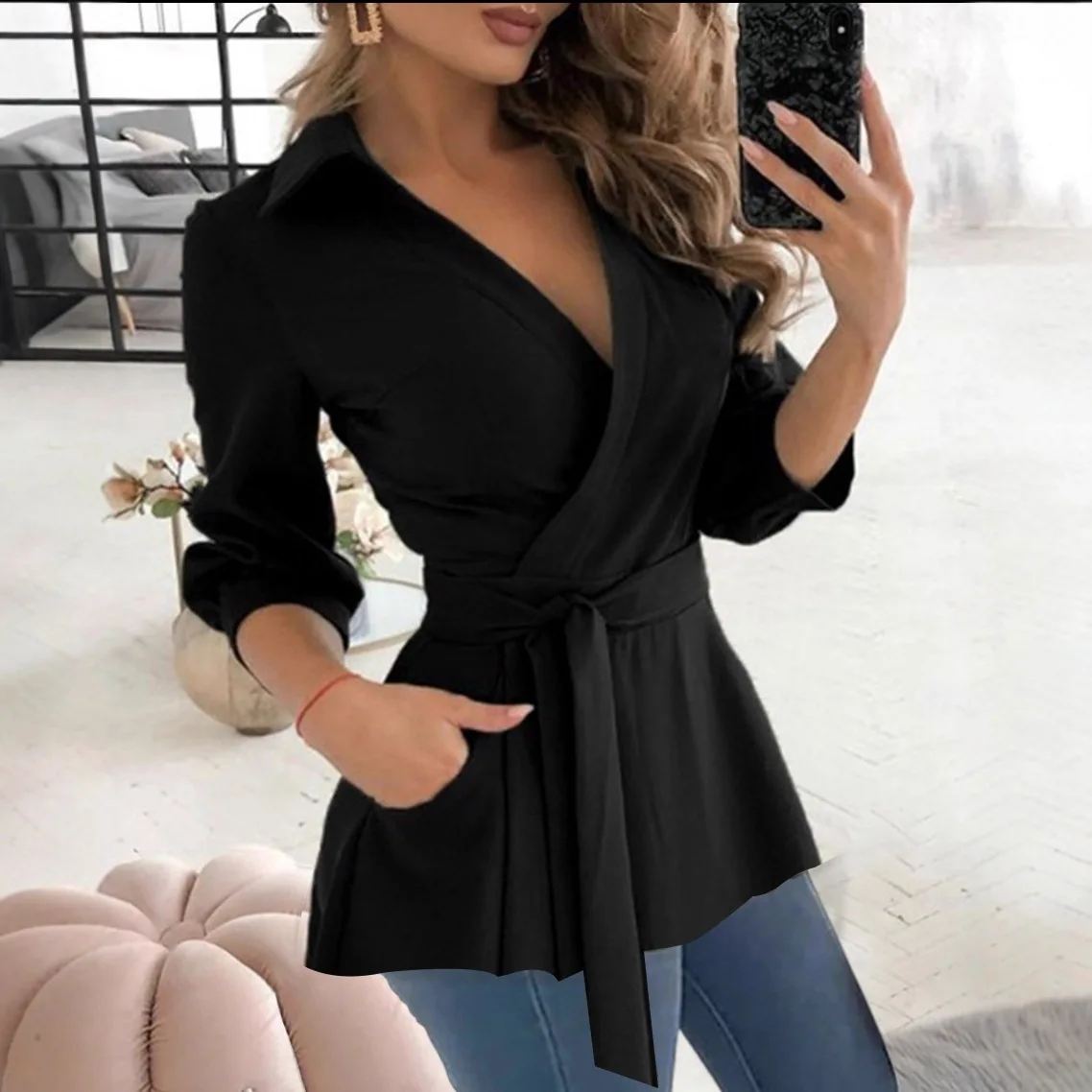 Primavera outono casual decote em v manga longa impresso camisa de trabalho topos feminino manga longa festa clube blusa de negócios topo com cinto