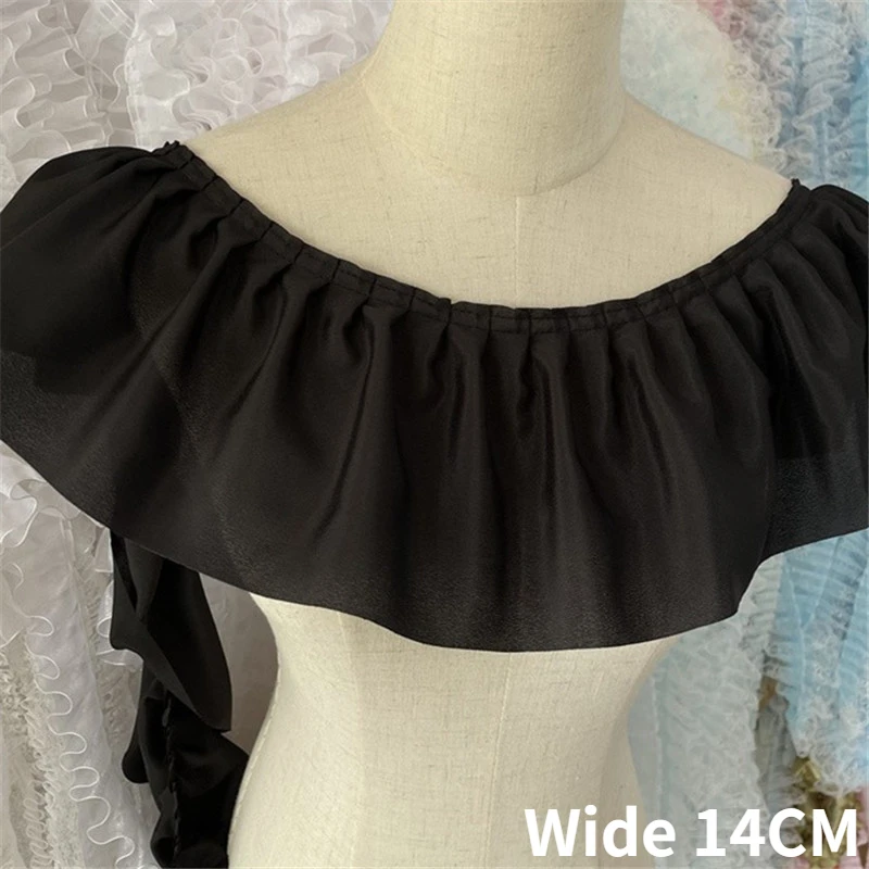 14CM Wide White Black Satin 3D Pleated Lace Fabirc Needlework Ruffles Ribbon Frills Dress Hemlines Curtains Sewing Fringed Decor