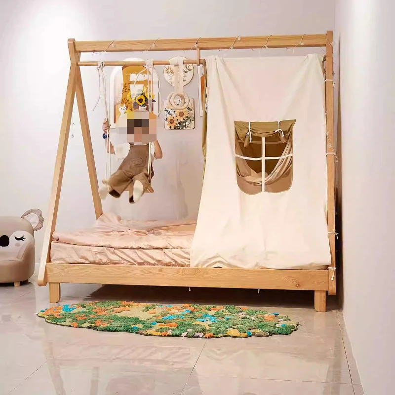 

Children's room playful tree house bed girl small bed boy wooden house tent swing Nordic solid wood children's bed single