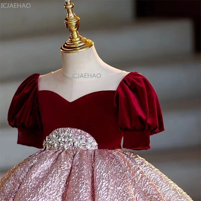 

New Girls First Birthday Evening Gown Flower Girl Princess Performance Host Children Vestido Dress Piano Kids Bubble Sleeves