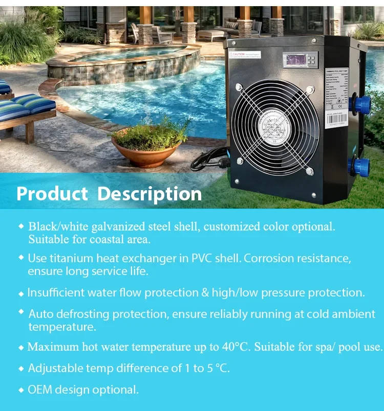 Air Source Swimming Pool Heater 3 kW Tankless Energy Efficiency Class A+++ Stainless Steel Heat Pump