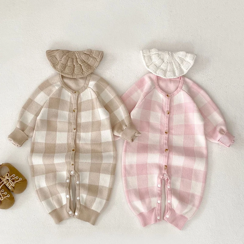 

2025 New Autumn 0-24M Children Knitted Clothes Toddler Baby Girl Knitted Romper Long Sleeves Grid Infant Baby Girls Jumpsuit