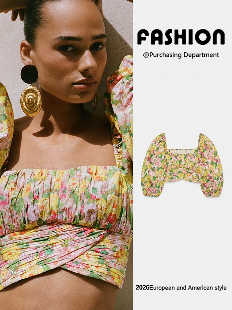 

Summer New Women's Fashion Square Collar Knot Decorated Flower Print Top Versatile Elegant Chinese Style Blouse