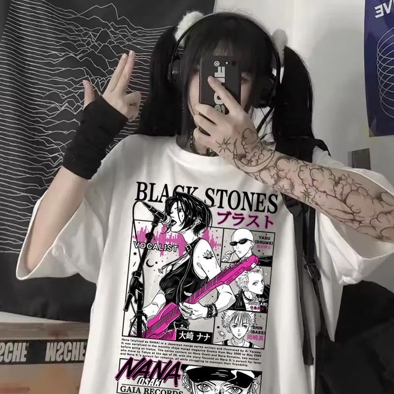 نانا أوساكي موضة تي شيرت غير رسمي الأحجار السوداء فتاة أنيمي الشارع الشهير تي شيرت هدية ل نانا أنيمي مروحة Harajuku خمر تي شيرت