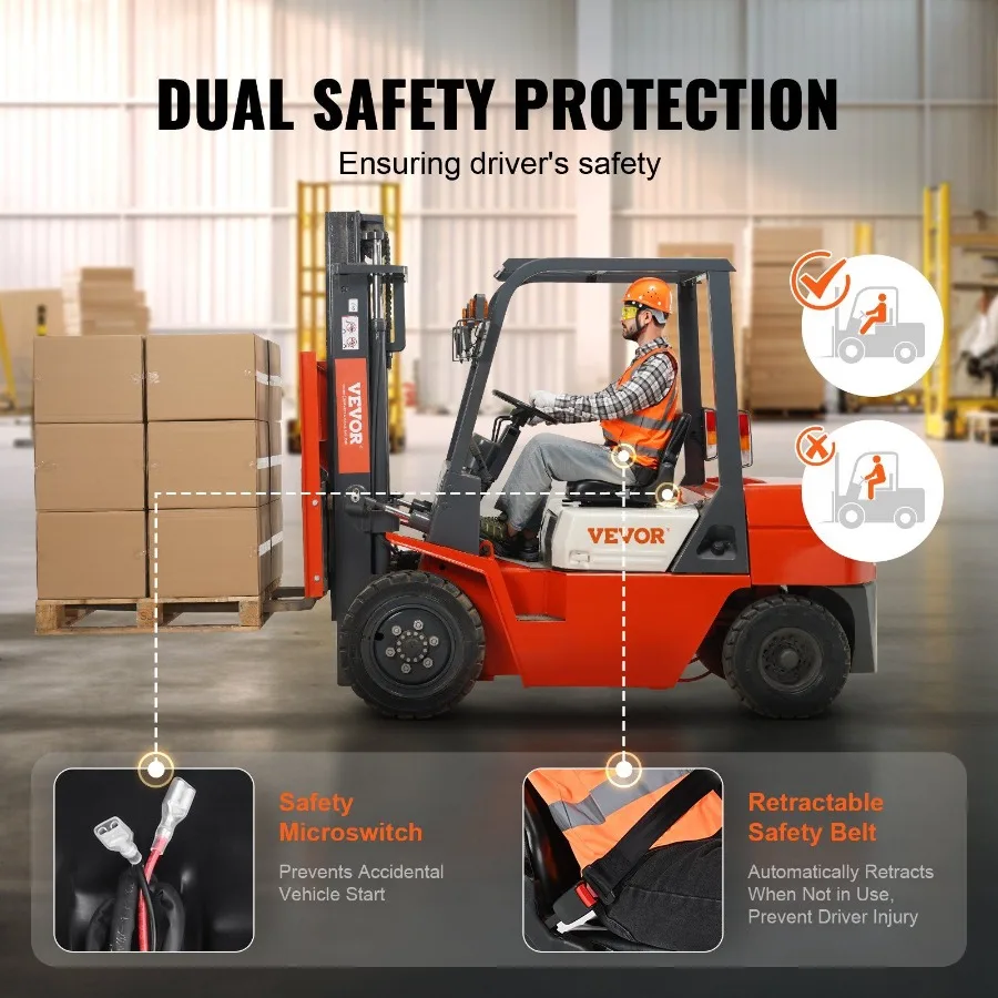 Sedile per carrello elevatore universale Sedile per trattore pieghevole con microinterruttore posteriore ad angolo regolabile e cintura di sicurezza retrattile da 6,313,4 pollici S