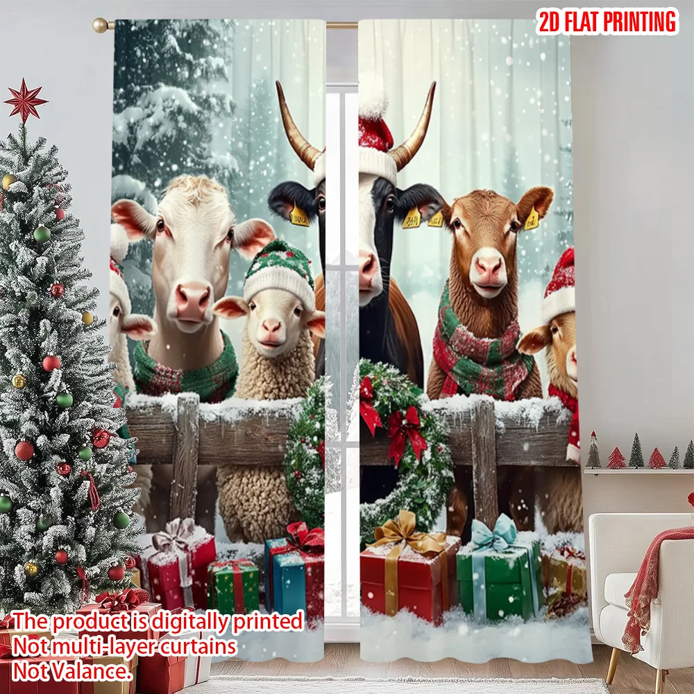 

2pcs 2D flat printing Christmas Party Curtain farm animal Machine Washable Polyester Without Electricity Spring Perfect for Room