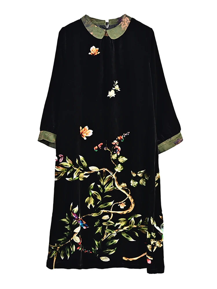 Vestido Midi de cintura solta de veludo floral preto feminino, vestido casual grosso quente, vestidos de festa Hepburn, vintage coreano, outono, inverno, 2024