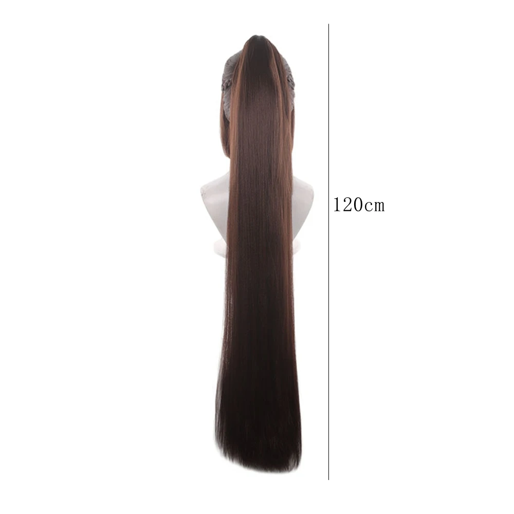 Cosplay Wig Extra Long Dark Brown Straight High Ponytail Grey Headband Blunt Bangs Synthetic Heat Resistant Anime Party Women