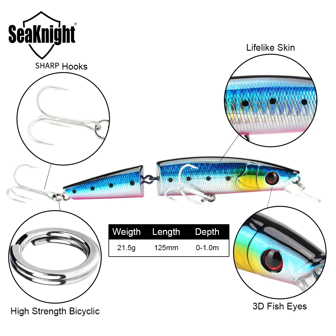 SeaKnight ماركة MinnowSK041 صوتها الطعم 21.5 جرام 125 مللي متر 0-1 متر عميق 2 أقسام أسماك العائمة إغراء حاد السنانير الصعب الصيد إغراء 3 قطعة #2