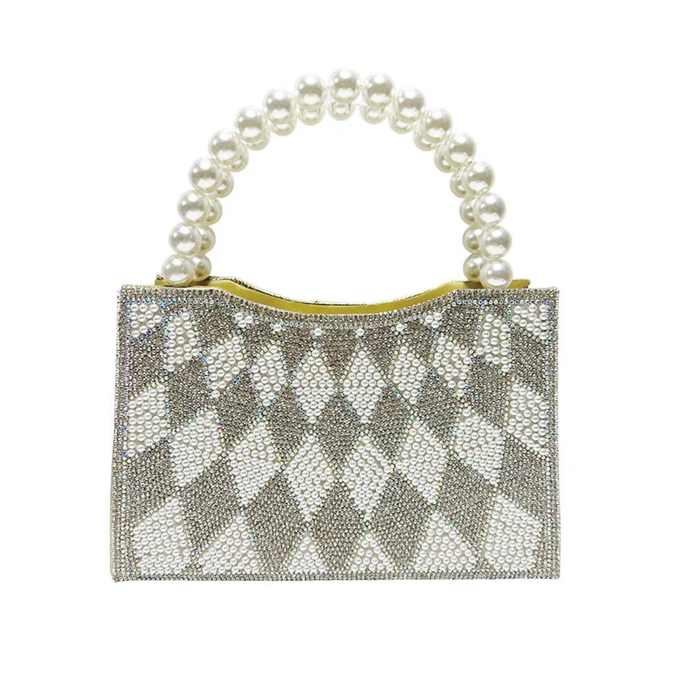 Gradient Silver Grey Rhombus Rhinestone Big Pearl Handle Mini Clutch Luxury Unique Gentle Evening Purse For Mature Women Wedding