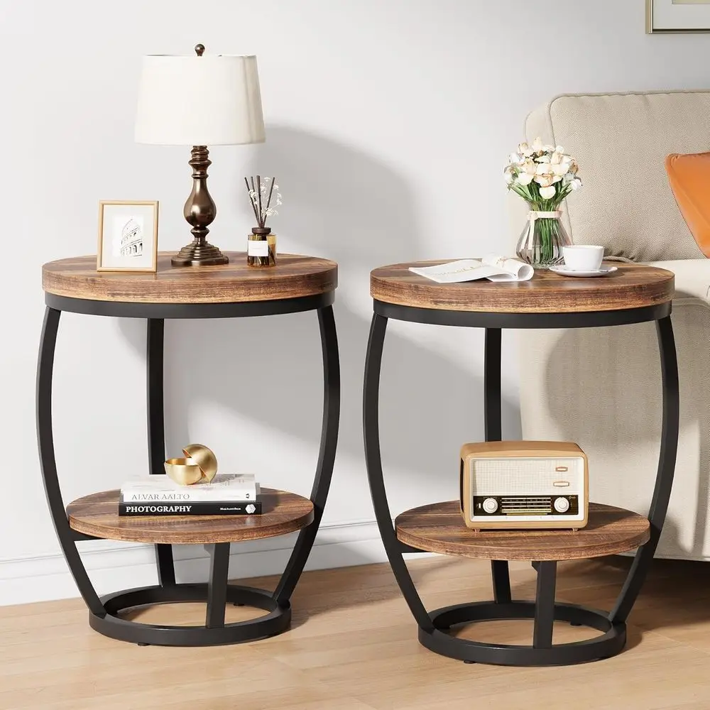 

End Table Set of 2, 2 Tier Industrial Side Table, Nightstand with Metal Frame, Accent Bedside Table with Storage Shelves for Liv