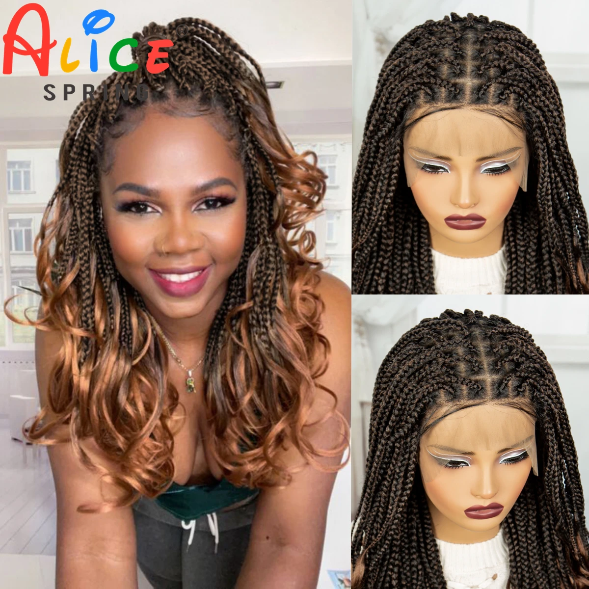 

1B-30 Полный кружевной синтетический плетеный парик Boho Box Braid Wig 22-дюймовый парик с косой без узлов Плетеный кружевной парик с вьющимися концами для женщин