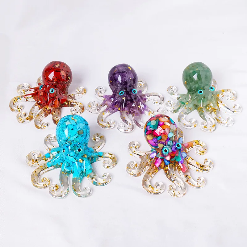 Natural Crystal Chip Epoxy Resin Octopus Sculpture Unique Desk Decor for Home Office Squid Inspired Artistic Ornament Gift Idea
