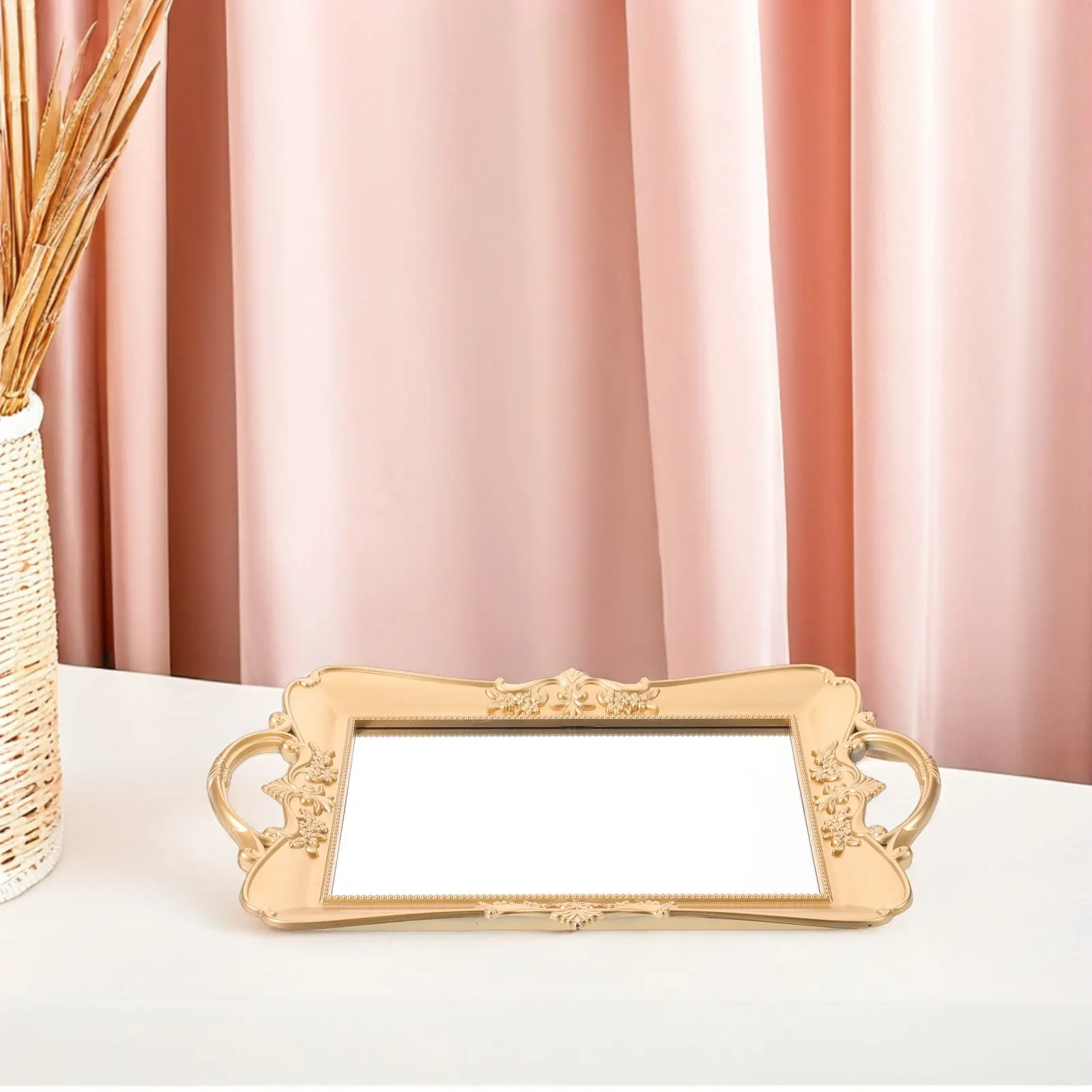Rectangle Vintage Mirror Tray Gold Embossed Flower Decorative Glass Serving Tray for Vanity Dresser Decor Jewelry Cosmetics