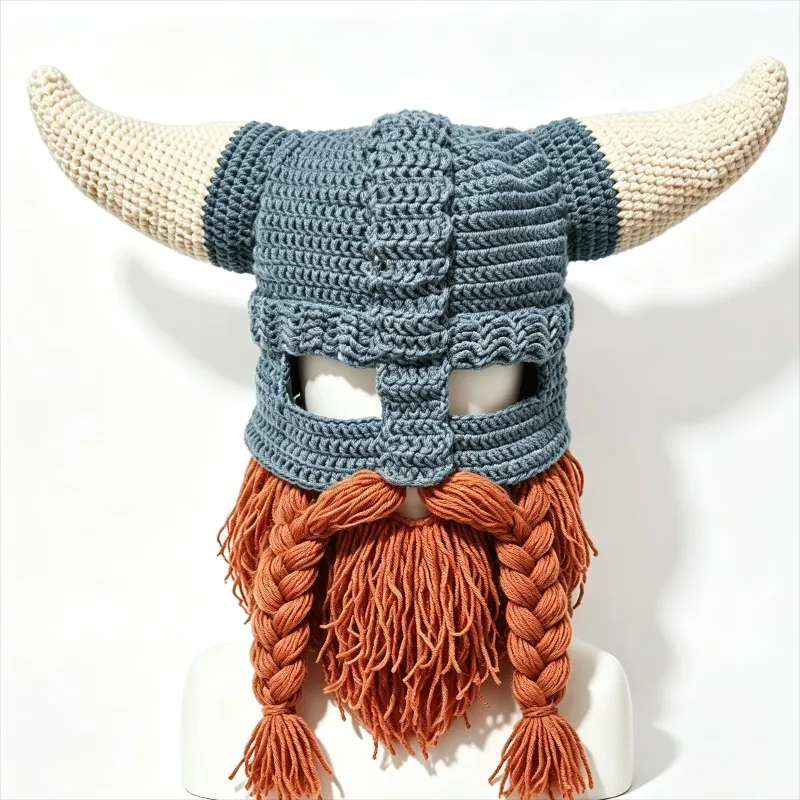Handmade Blue Viking Cow Horn Hat Men Winter Warm Custom Crochet Beard Charm Knitted Beanie Women Cosplay Outdoor Party Cap Boy