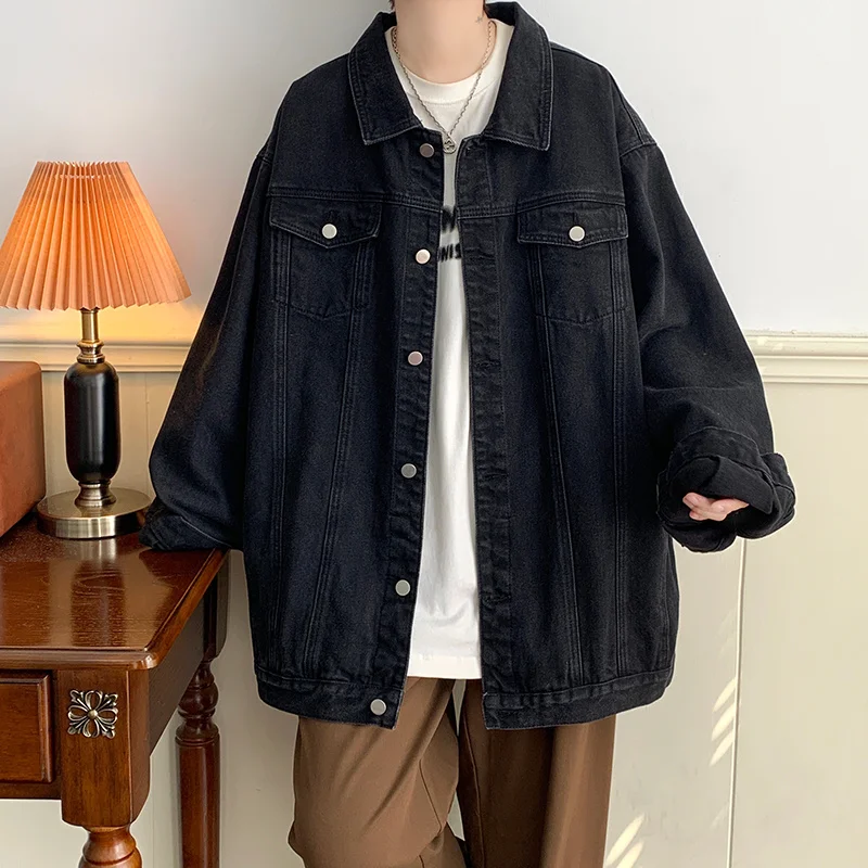 Plus Size 5XL-M Black Denim Jacket Mens Turn Down Collar Jeans Coats Multi-pockets Overalls Streetwear Loose Casual Men Clothing