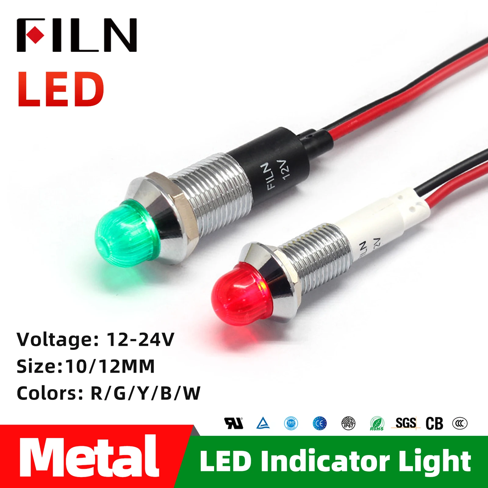 FILN 10mm LED Indicator light 12V 24V 110V 220V Light Waterproof IP67 Metal Signal Lamp Red Yellow Blue Green White Pilot light
