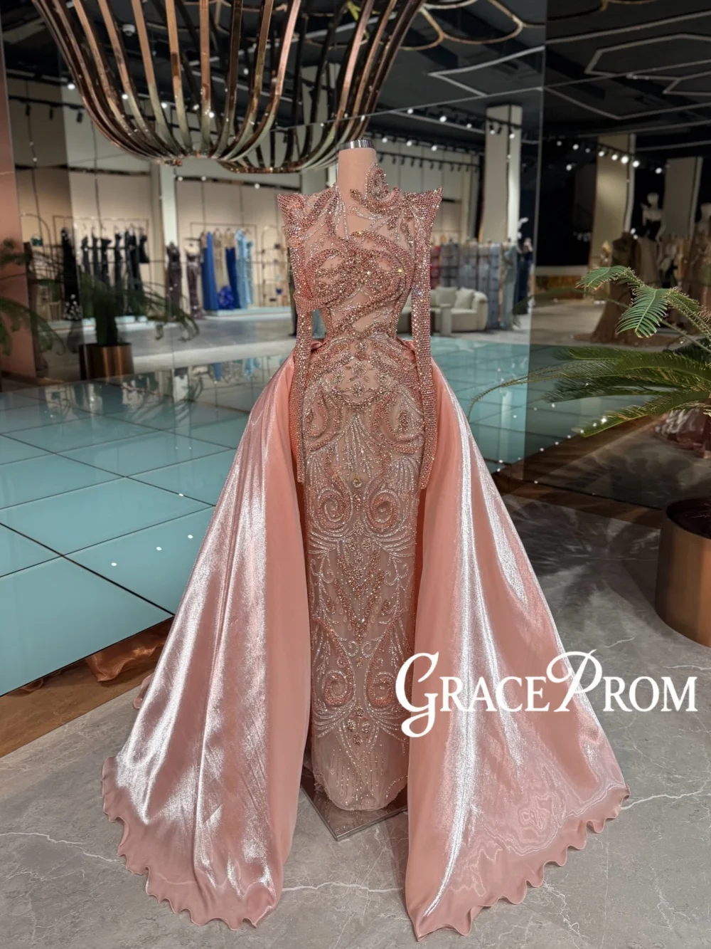 

Pink Gorgeous Crystal Evening Dress Detachable Train Long Sleeve Wedding Party Gown Customized Glamorous Chic Red Carpet Gowns