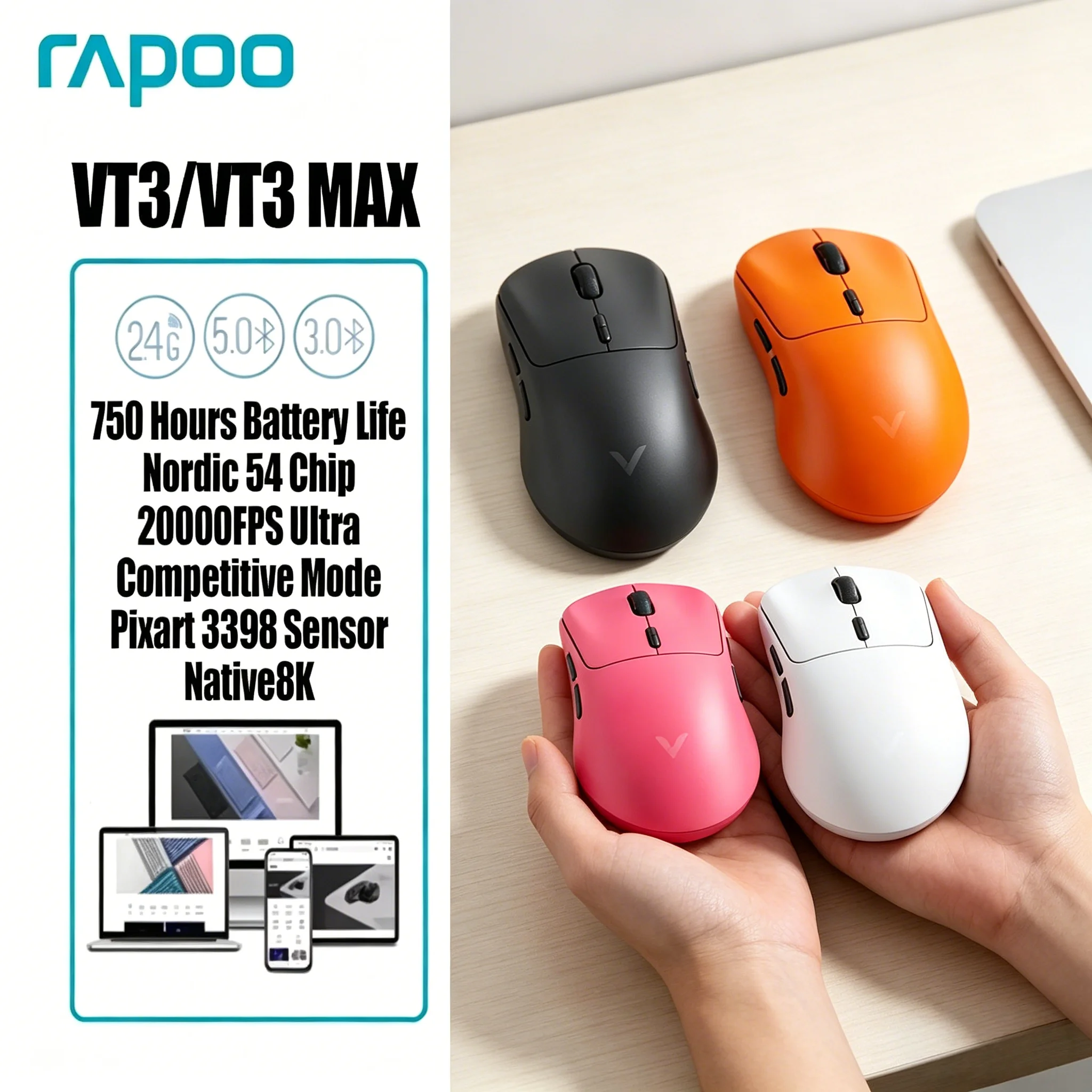53g Ultra Lightweight Rapoo VT3 VT3 MAX Wireless Gaming Mouse 8K High Polling Rate Long Battery Life 750Hr