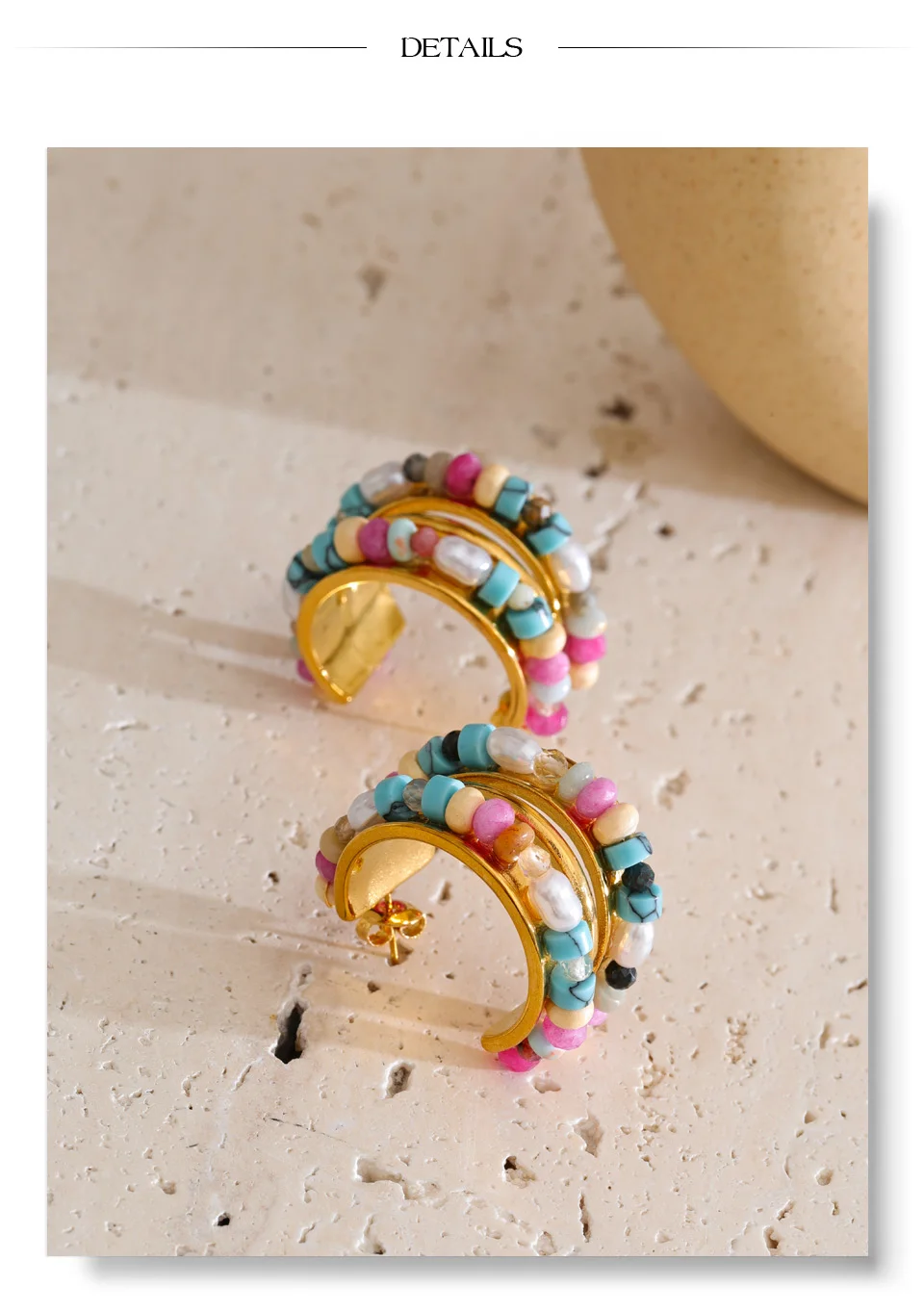 Yhpup Bunte Kristallstein-Perlen-C-förmige Huggie-Ohrringe, 18 Karat Goldfarbe, PVD-beschichteter Edelstahl, stilvoller, schicker Schmuck – Detail 8