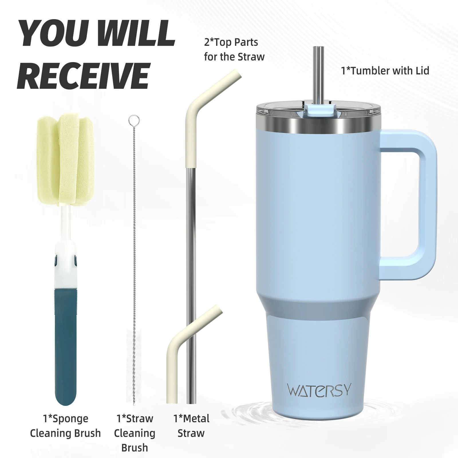 WATERSY 20 oz/30 oz/40 oz beker met handvat en rietje geïsoleerde beker met grote capaciteit, 304 roestvrijstalen vacuümthermische mok