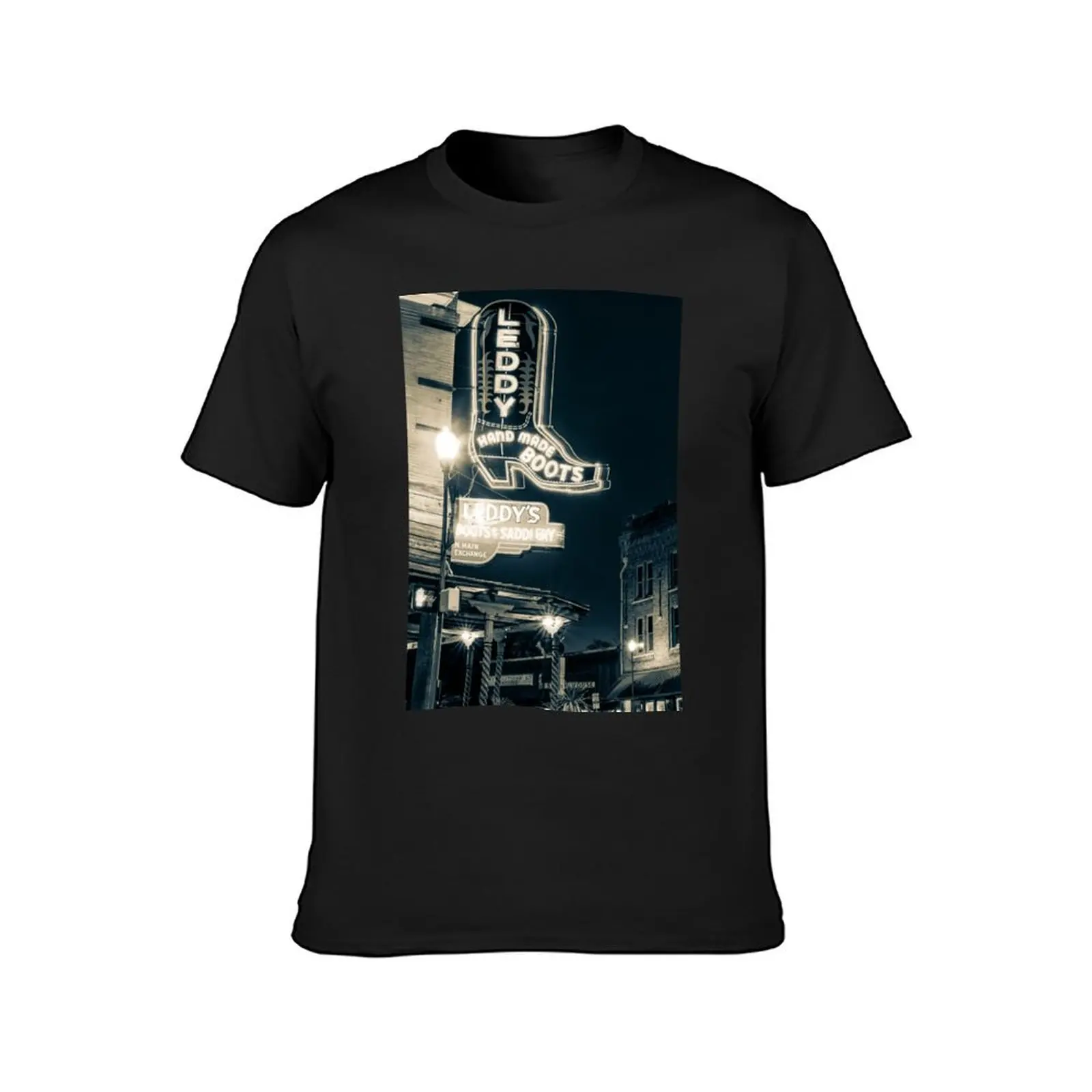 Morning Glow Along Main Street - Fort Worth Stockyards Neon Light - Sepia T-Shirt summer top anime clothes Men's t-shirts