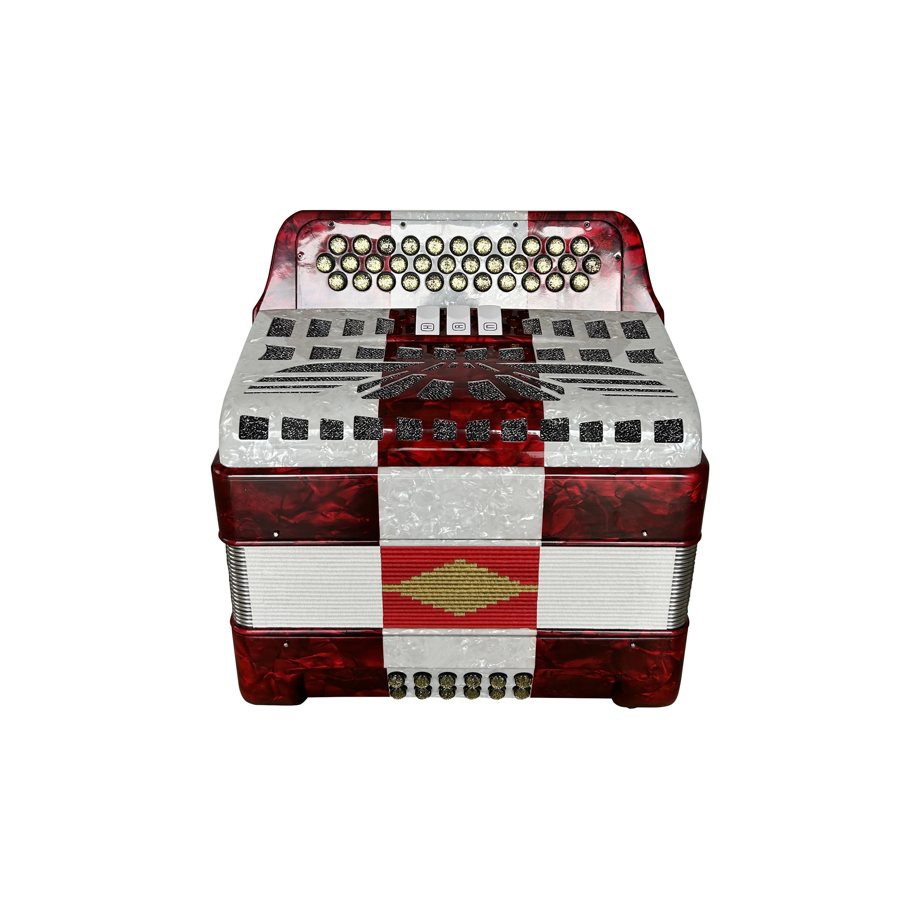 Diatonic Accordion Acordeon Musical JB3412C 34-Button 12-Bass 3-Register Red White Celluloid with Gold Grill Buttons