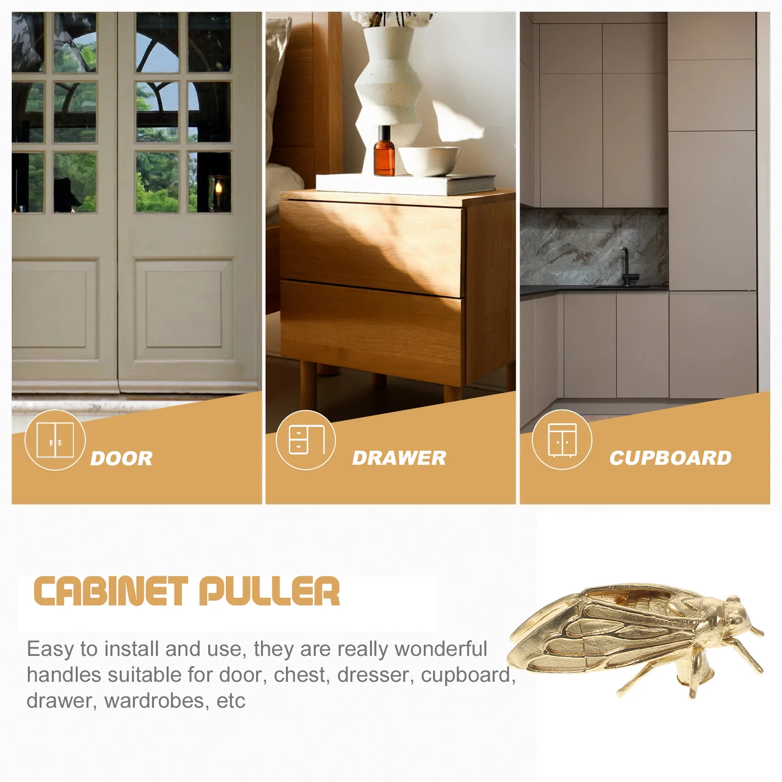 

Classic Brass Cicada Shaped Cabinet Handle Drawer Pulls for Home Furniture Gold Kitchen Dresser Bathroom Decor