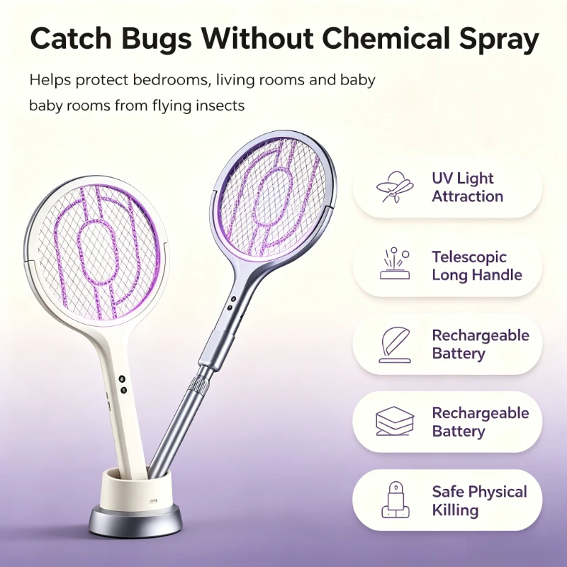 Rechargeable 2-in-1 Electric Mosquito Swatter Telescopic Foldable UV Insect Trap Portable Indoor Bug Zapper Home Use