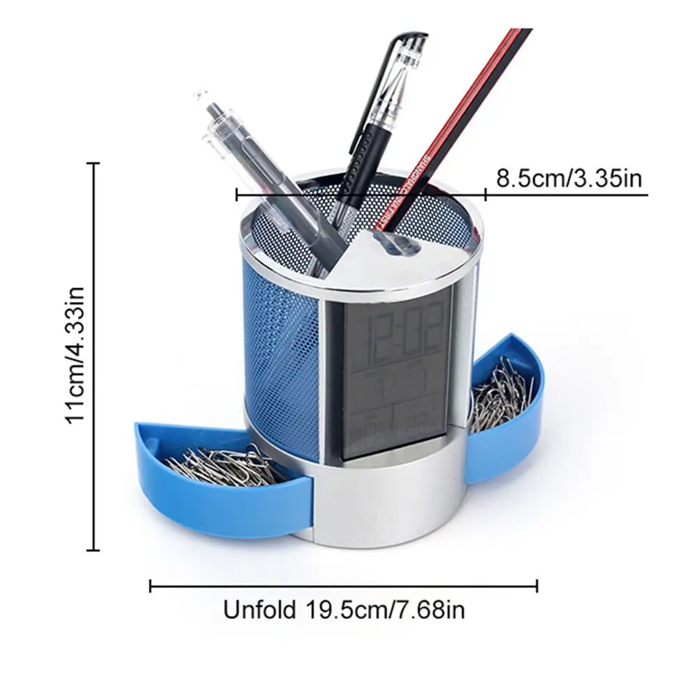 ดิจิตอล LCD นาฬิกาผู้ถือปากกาอุณหภูมิเวลาจอแสดงผลอิเล็กทรอนิกส์ดินสอ 2 ลิ้นชักฐานกันลื่น