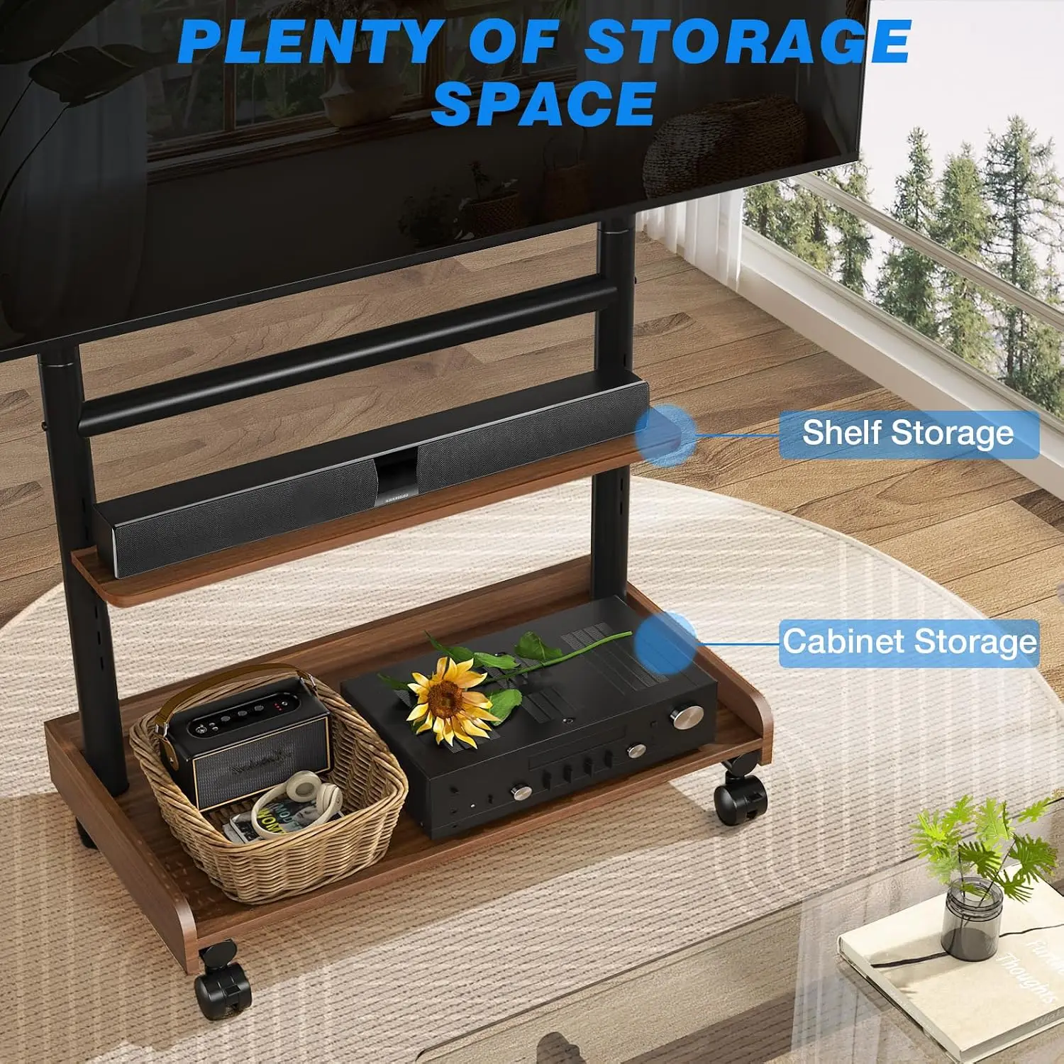 Heavy Duty Rolling TV Stand with Wheels for Most 40-86 Inch TVs up to 150lbs, Height Adjustable Mobile TV Stand with Shelf