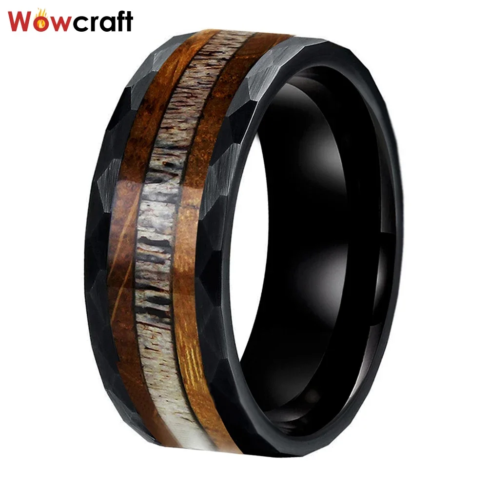 8mm Hammered Brushed Black Mens Womens Tungsten Ring Cool Deer Antler Inlay Between Whiskey Barrel OAK Wood Inlays Comfort Fit