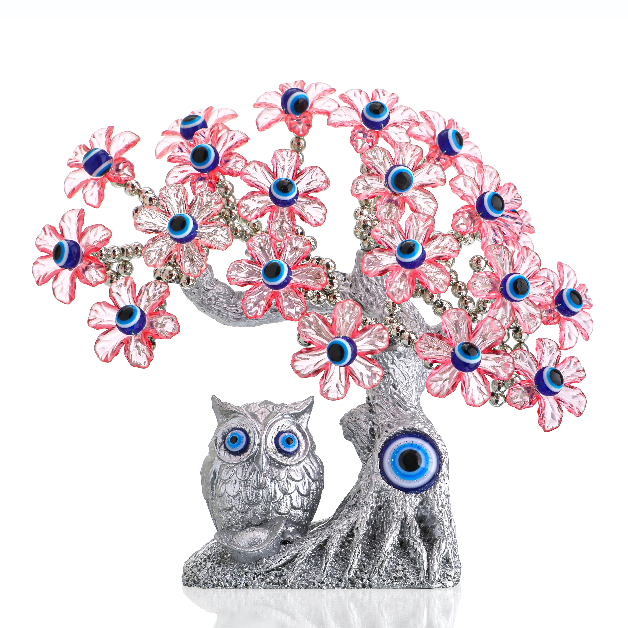 H&D 7.4'' Turkish Blue Evil Eye Tree Feng Shui Owl Decorative Showpiece for Protection, Good Luck & Prosperity (Pink Flowers)