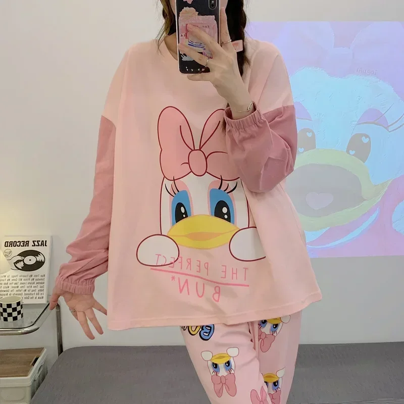 Disney Donald Duck silk pajamas women\'s autumn women\'s long-sleeved trousers pure cotton cartoon loungewear pajamas pants set