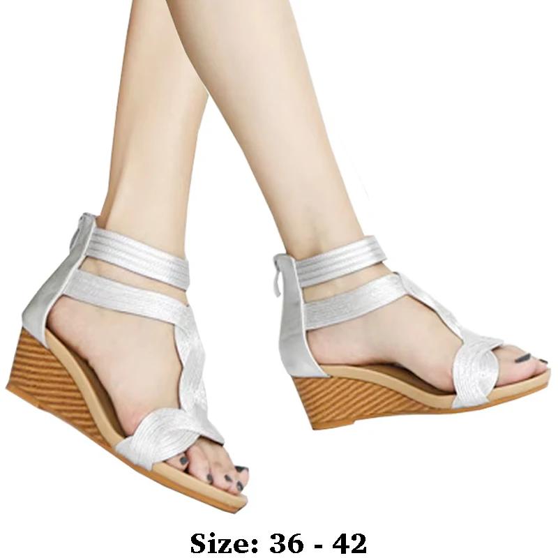 

High quality leather flat sandals for women 5cm mid heel new summer 2025 size 36 42 open toe casual beach shoe black gold silver