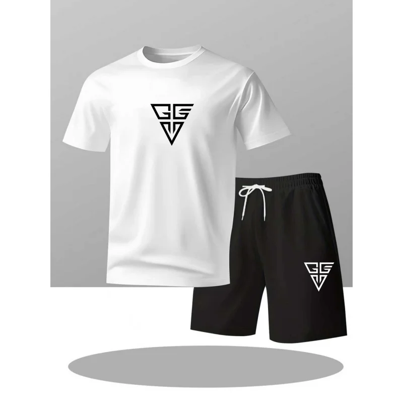 

New Summer Short Sleeve Shorts Set for Teenage Men Minimalist design loose-fitting short-sleeve top+Casual shorts set