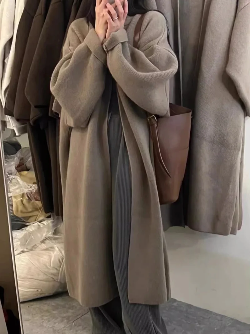 

plus Size Long Over-Knee Knitwear Coat Women Autumn Winter Thickened Loose Slimming Sweater Outerwear Korean Style V-Neck Casual