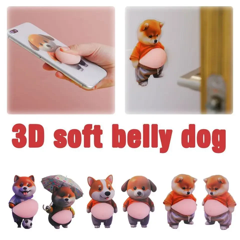 3D Shiba Inu Belly Sticker Featuring Adorable Puppy in Vibrant Orange Attire Against Delicate Pastel Pink Backdrop Ideal for Wal