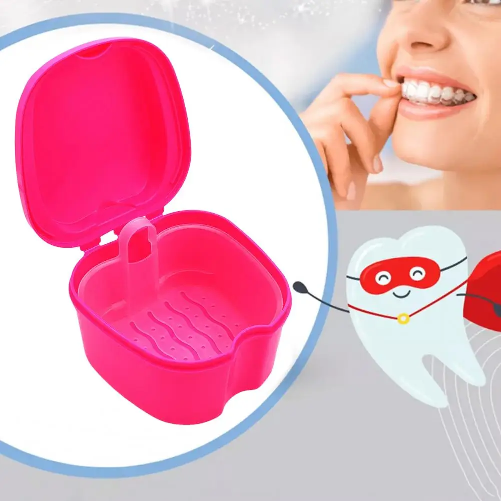 Braces Storage Box Denture Storage Box Portable Denture Soaking Case with Strainer Basket Brace Retainer Holder Mouth Guard