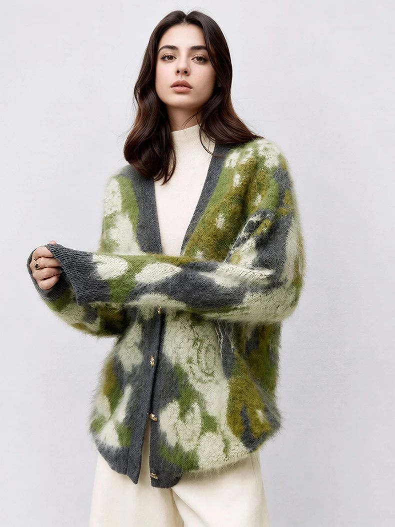 SuyaDream, Women's Floral Jacquard Wool Cardigan, V-Neck Loose Brushed Knit Sweater Coat, Autumn Winter Casual Outerwear